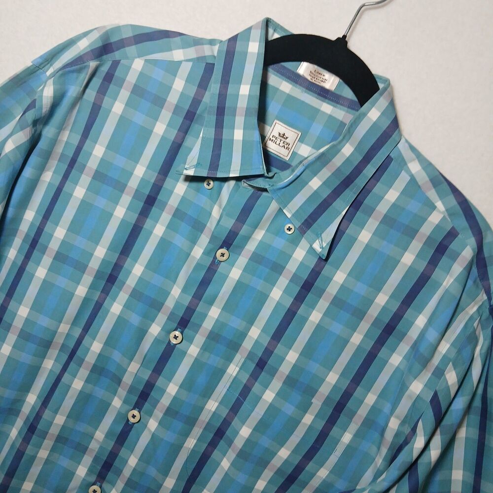 Peter Millar Shirt Men Large Blue White Plaid Long Sleeve Button Up Dress #1079